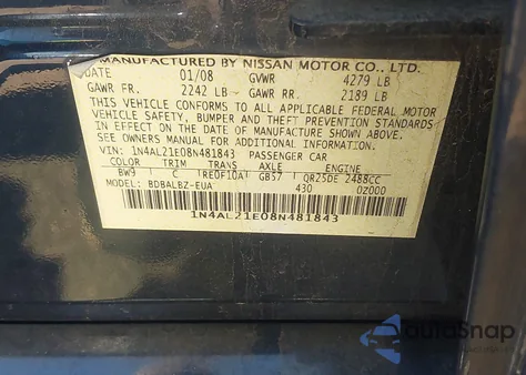 2008 Nissan Altima 2.5 S z USA, uszkodzony, nr VIN 1N4AL21E08N481843